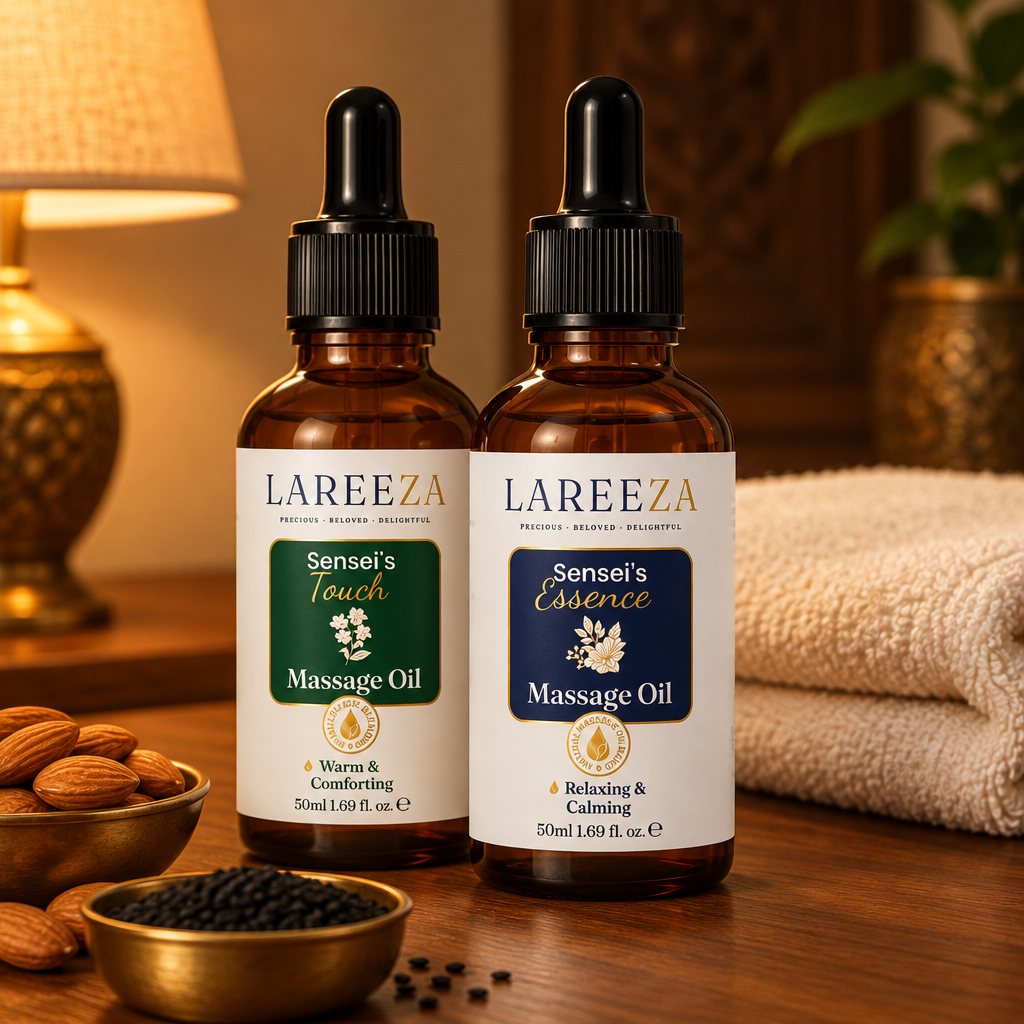 Lareeza Sensei's Essence and Sensei's Touch massage oils on a wooden table with almonds and kalonji
