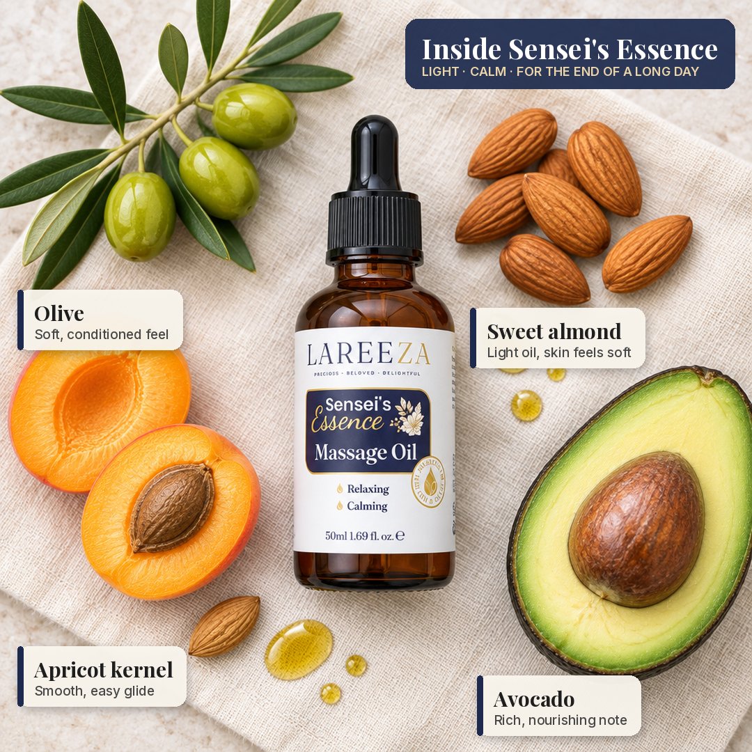 Inside Sensei's Essence: light, calm, for the end of a long day. Olive: soft, conditioned feel. Sweet almond: light oil, skin feels soft. Apricot kernel: smooth, easy glide. Avocado: rich, nourishing note.