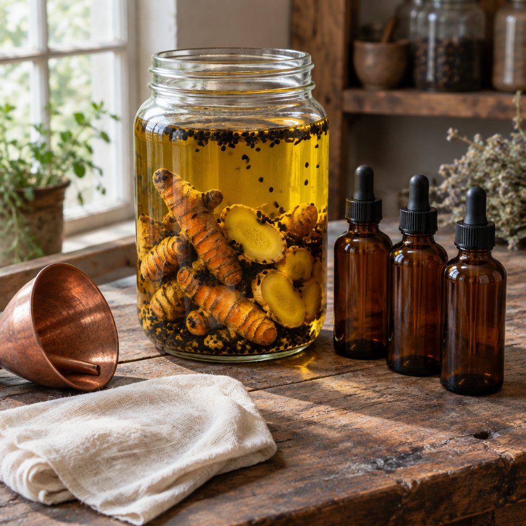 Illustration: herbs steeping in a jar of oil beside empty dropper bottles