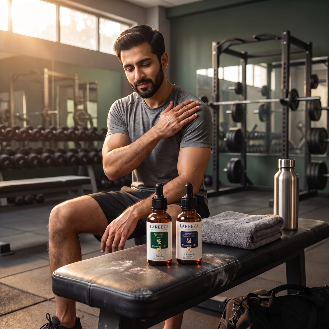A man rubbing massage oil into his shoulder on a gym bench, with Sensei's Touch and Sensei's Essence beside him