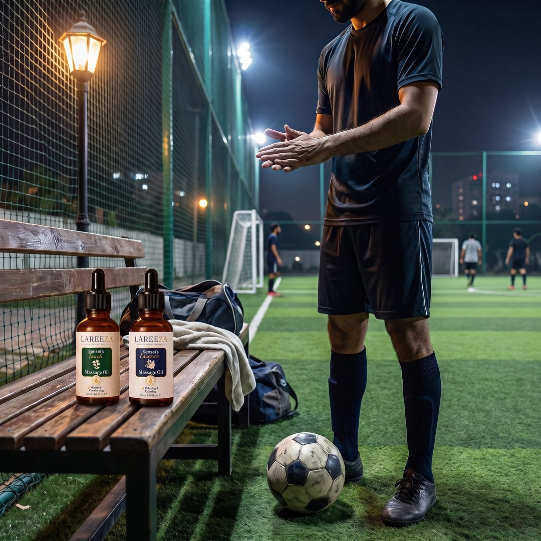 A footballer warming massage oil between his palms beside a floodlit futsal pitch, two Lareeza bottles on the bench