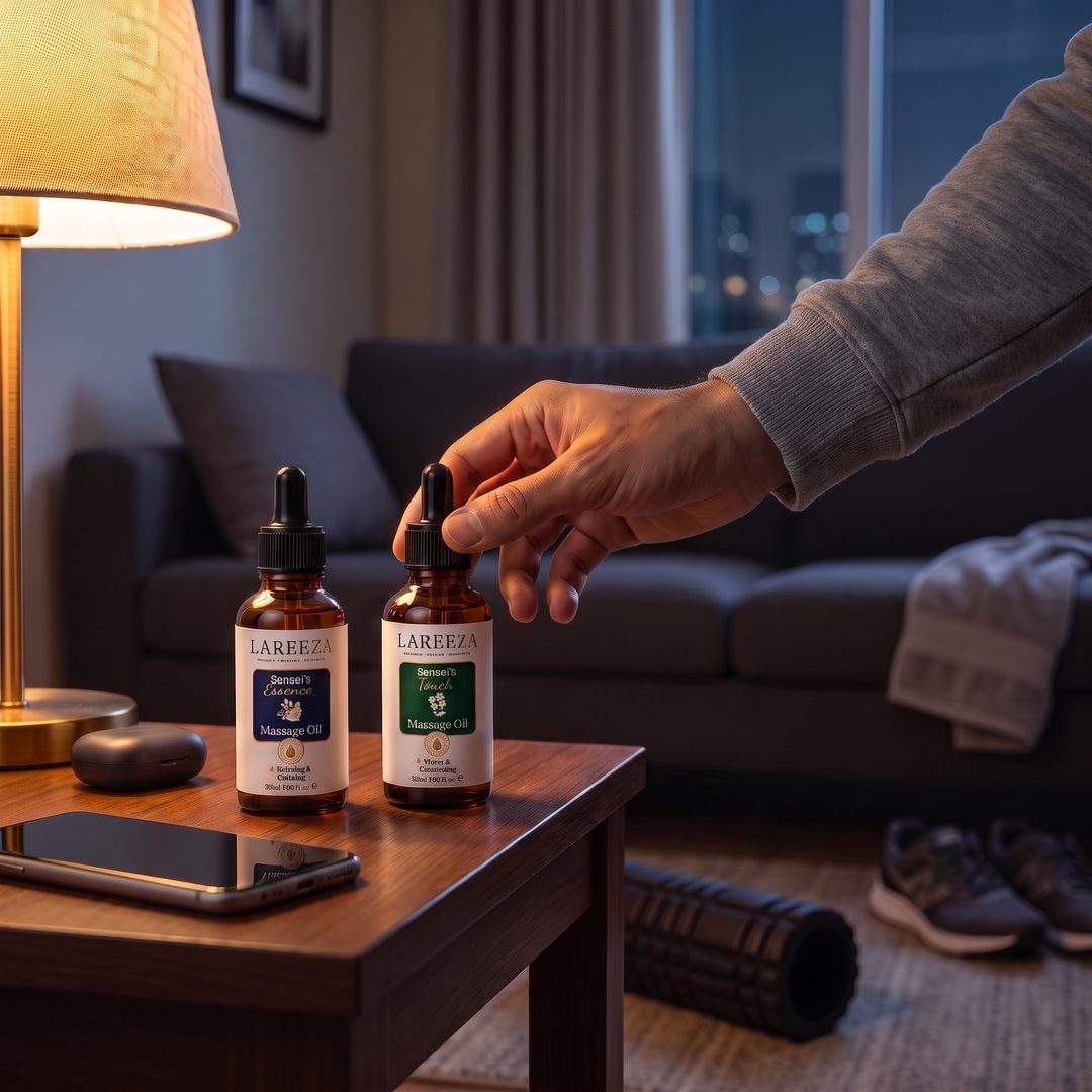 A hand reaching for Sensei's Touch on a side table at home after training