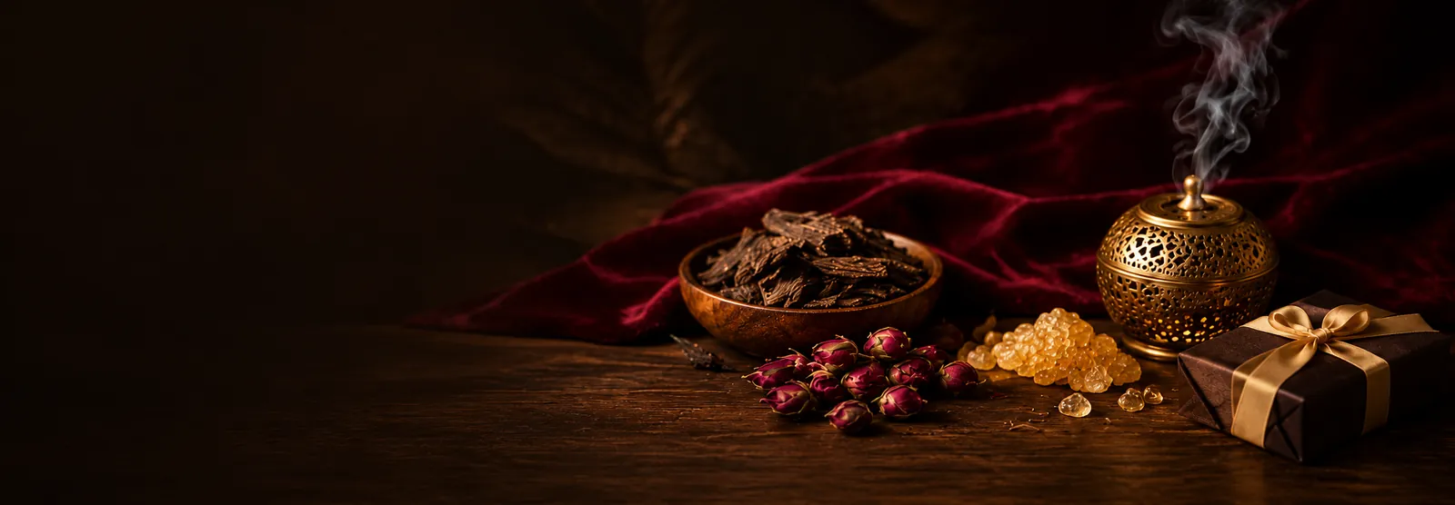 Oud resin chips beside a smoking brass burner for Sensei's Oud massage oil